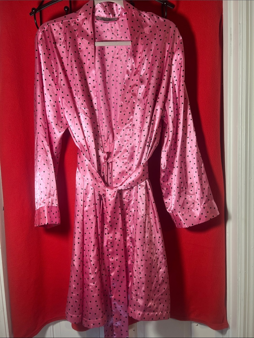 Morgan Taylor Pink Satin Polka Dot Robe with Self Tie
